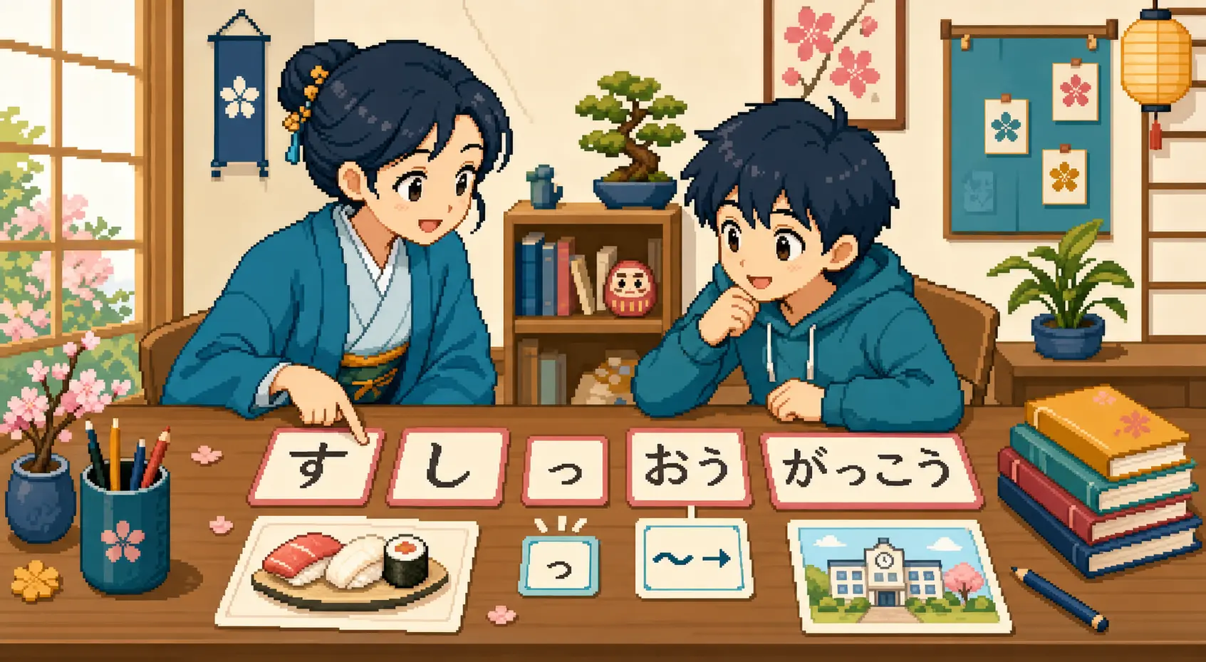Anime pixel-art illustration of a teacher and student practicing hiragana dialogue with sushi, school, small っ, and おう study cards.