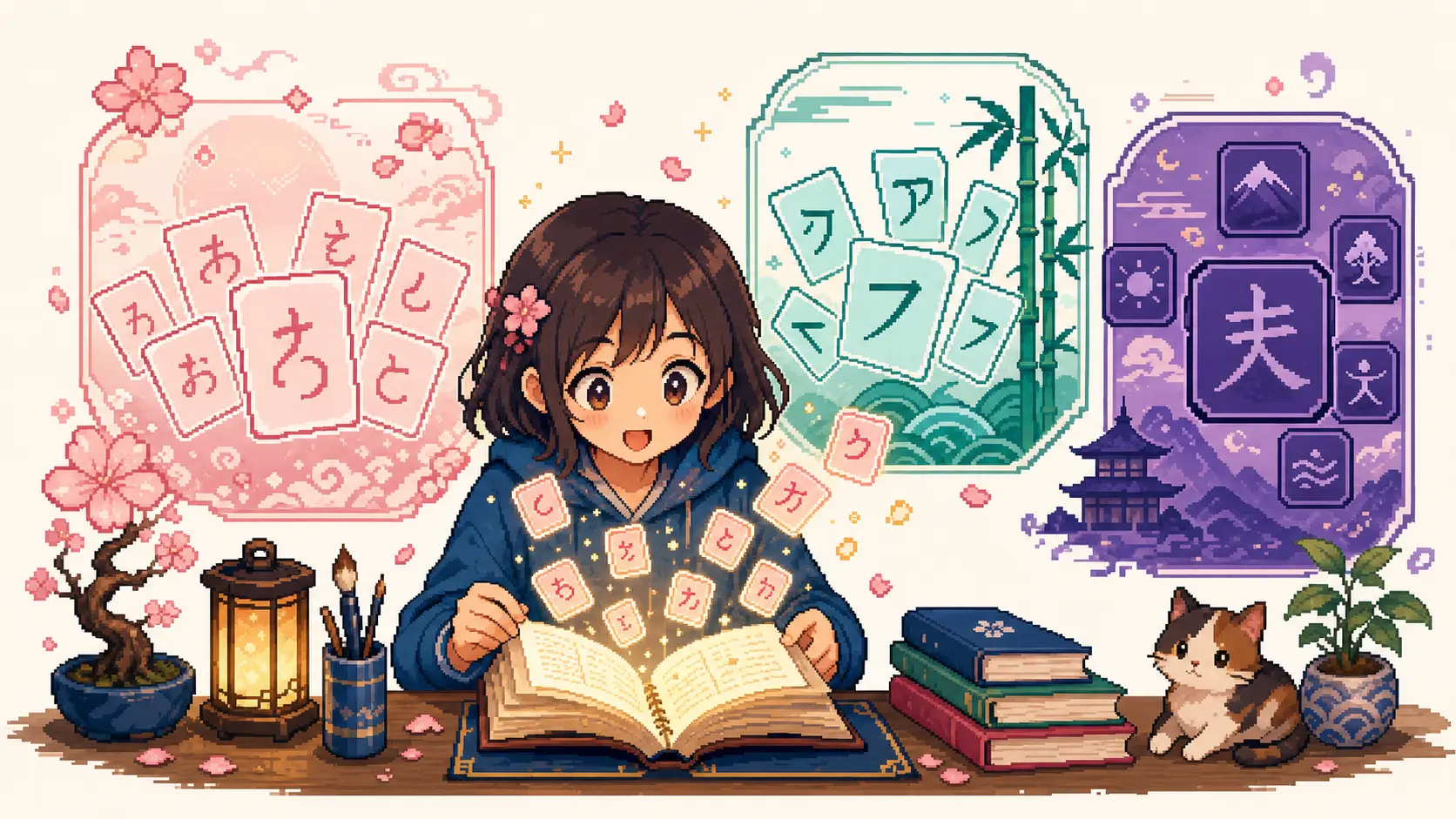 Pixel-art illustration of Hiragana writing systems