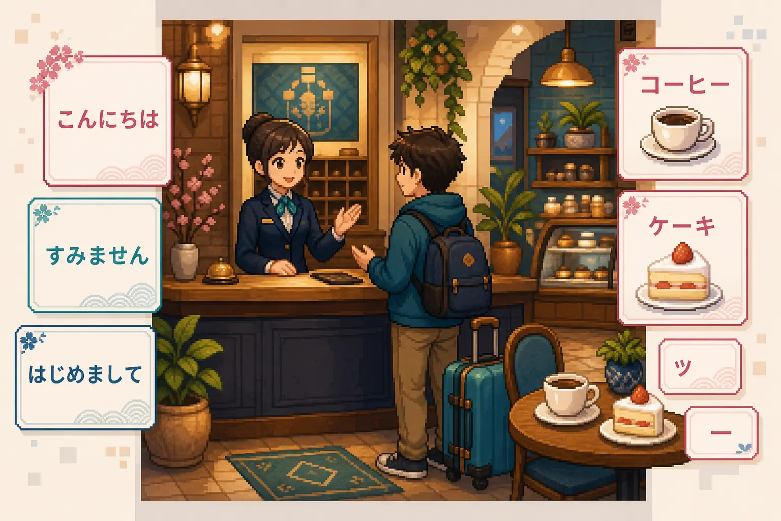 Anime pixel-art illustration of hotel and café greeting practice with katakana coffee, cake, small ッ, and long vowel mark study cards.