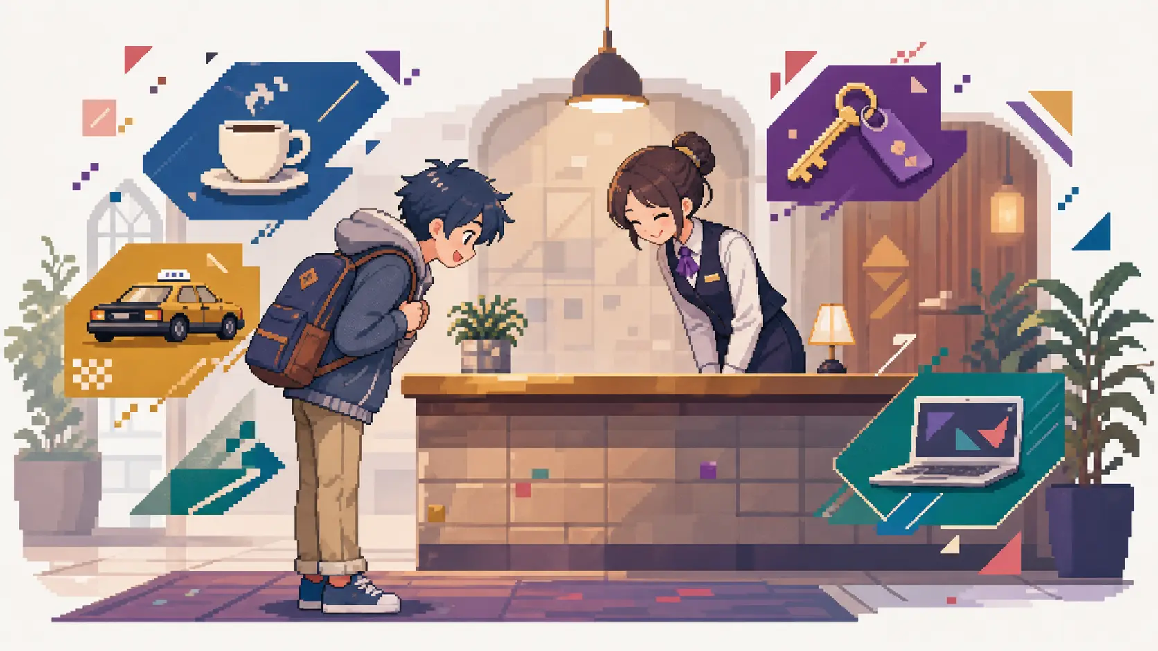 Anime pixel-art illustration of a Japanese learner and a welcome-desk attendant bowing politely, surrounded by angular katakana-inspired shapes and everyday loanword objects.