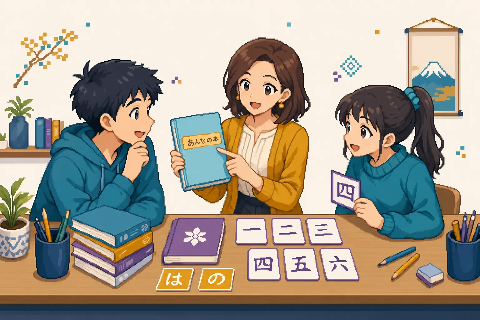Anime pixel-art illustration of students practicing book ownership, Japanese number kanji, and は and の particle cards.