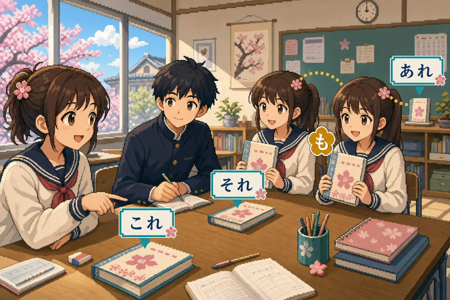 Anime pixel-art illustration of students using これ, それ, あれ, and も while identifying books in a classroom.