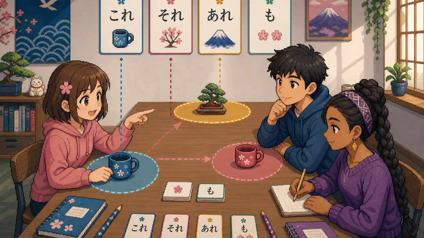 Anime pixel-art illustration of learners practicing これ, それ, あれ, and も around a classroom table with distance markers.