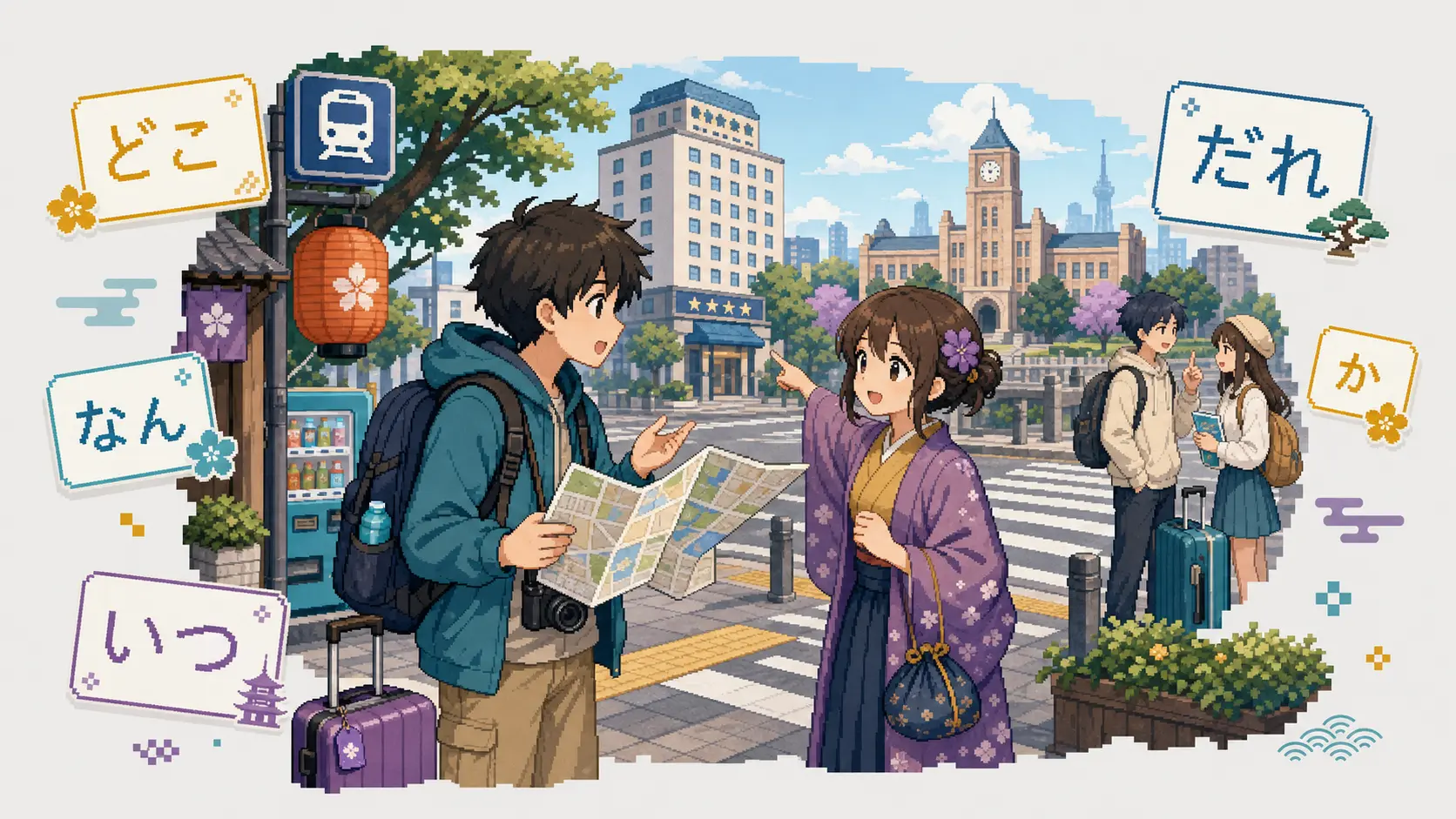 Anime pixel-art illustration of a tourist asking directions with Japanese question-word cards for どこ, なん, いつ, だれ, and か.