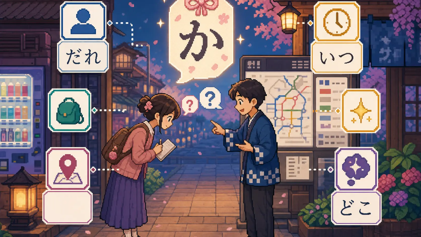 Anime pixel-art illustration of a learner politely asking for directions with か and question-word cards in a Japanese street scene.