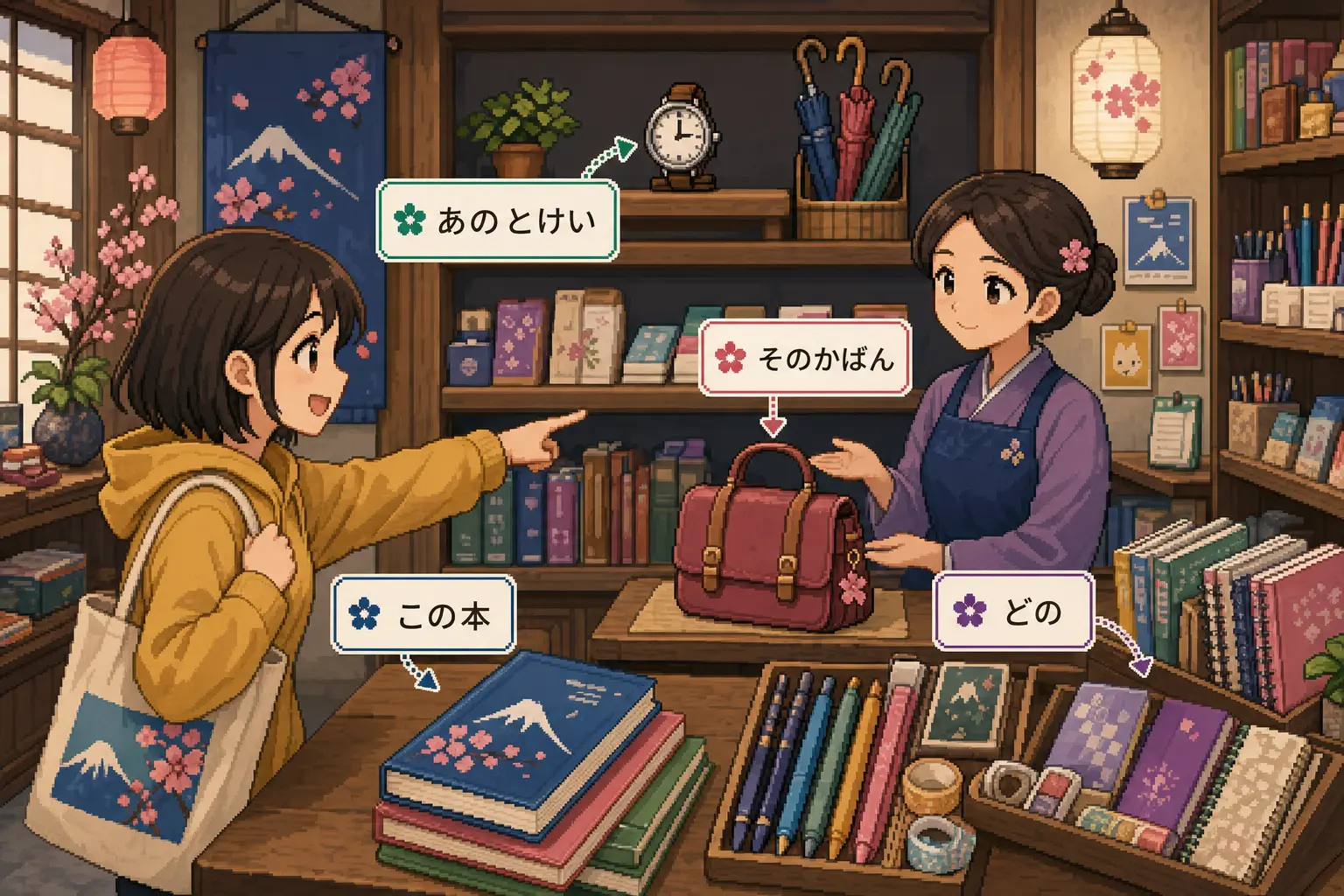 Anime pixel-art illustration of a learner choosing specific shop items with この, その, あの, and どの demonstrative adjective cards.