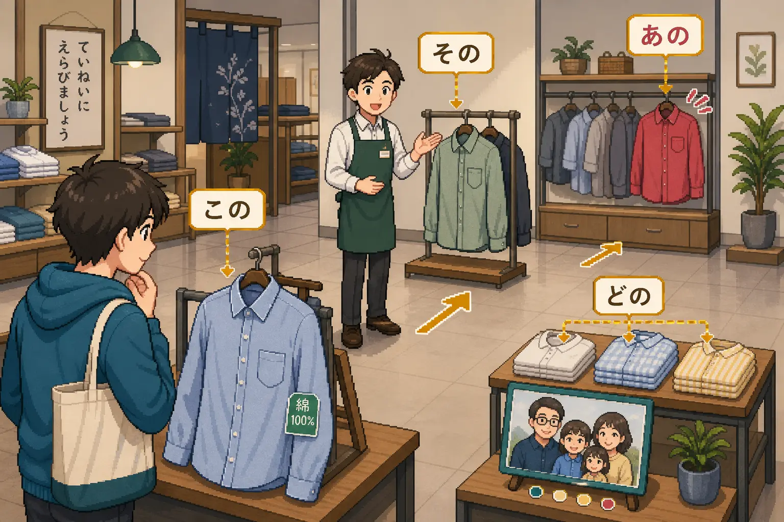 Anime pixel-art illustration of a clothing store conversation using この, その, あの, and どの to choose shirts.