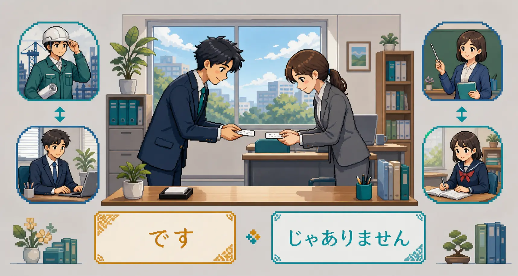 Anime pixel-art illustration of polite self-introductions and です versus じゃありません practice with profession cards.
