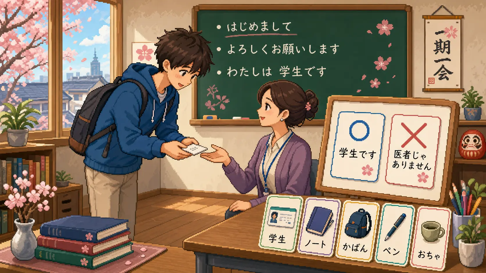 Pixel-art illustration of Susume Nihongo study environment