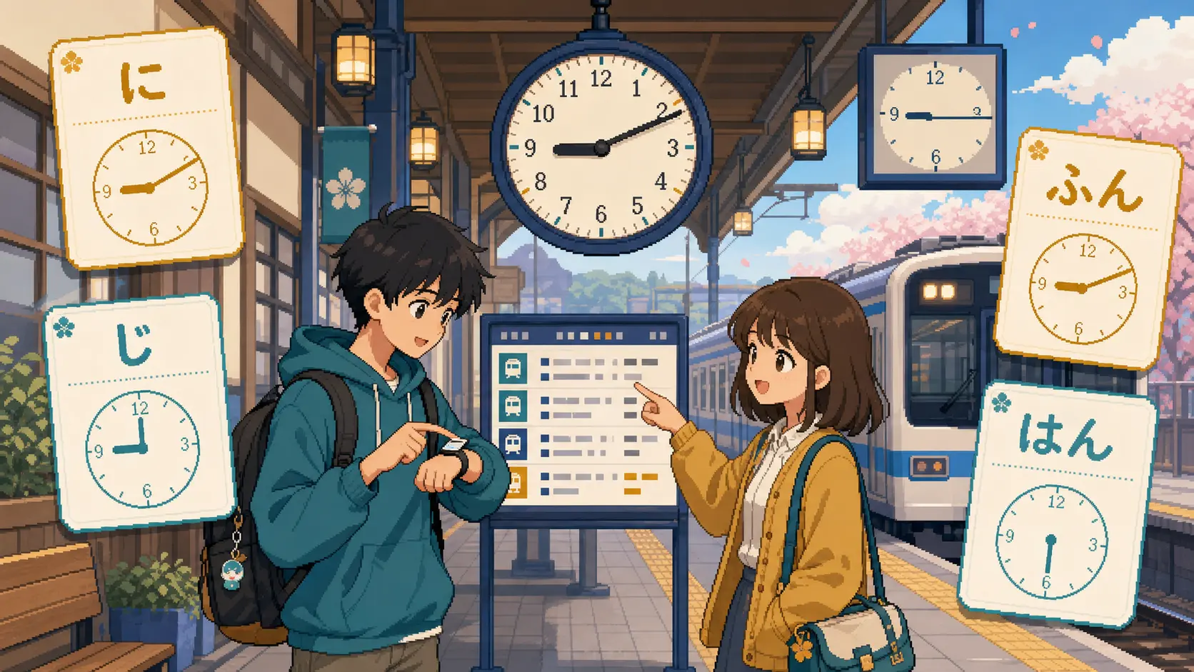 Anime pixel-art illustration of learners checking clocks and train time while practicing に with time expressions.