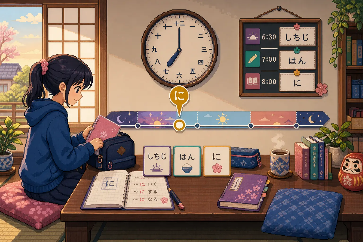 Anime pixel-art illustration of a learner using clocks, schedule cards, and に to mark a specific time.