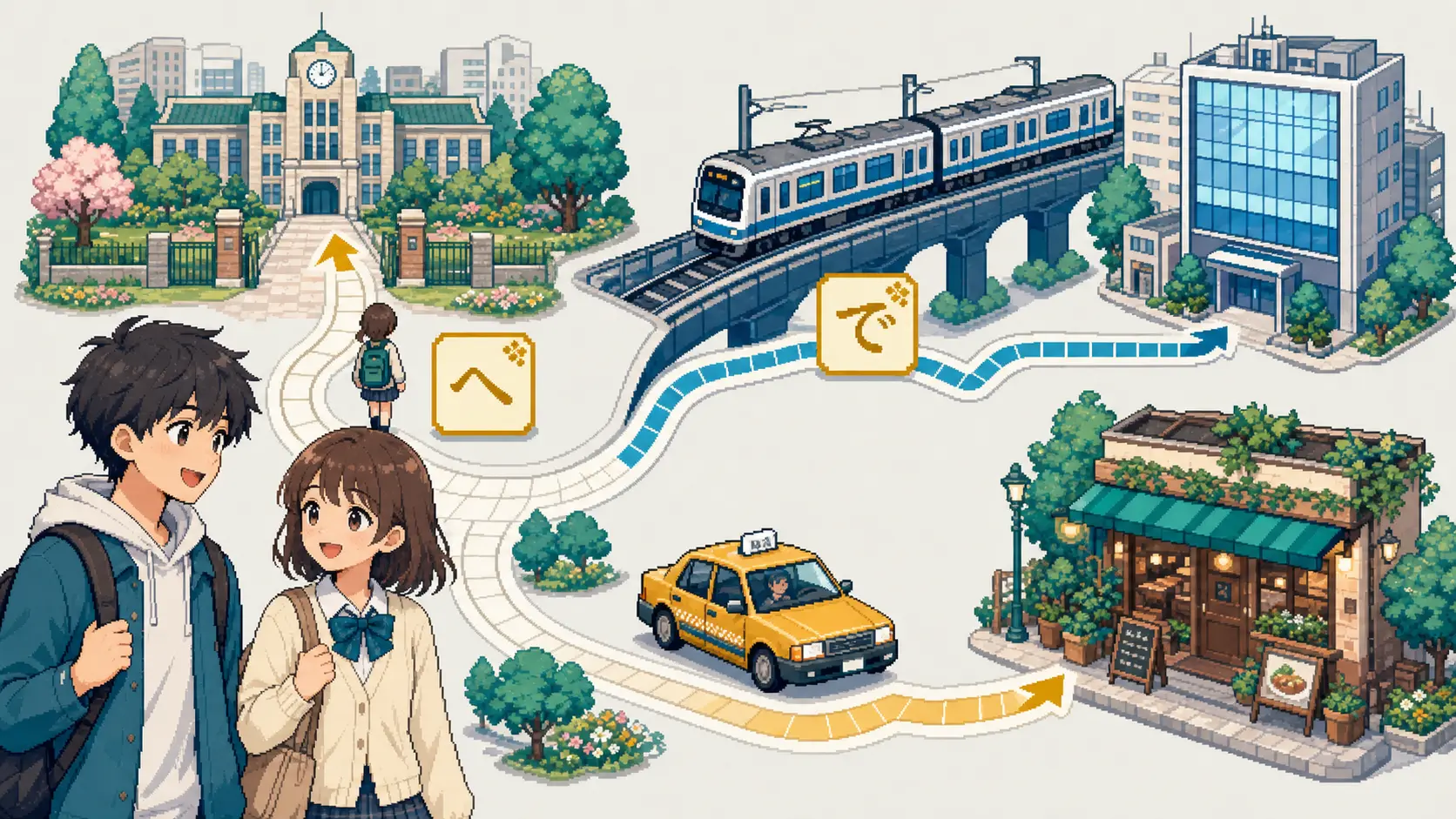 Anime pixel-art illustration of commute and lunch plans with train, taxi, destination, and へ and で particle cards.