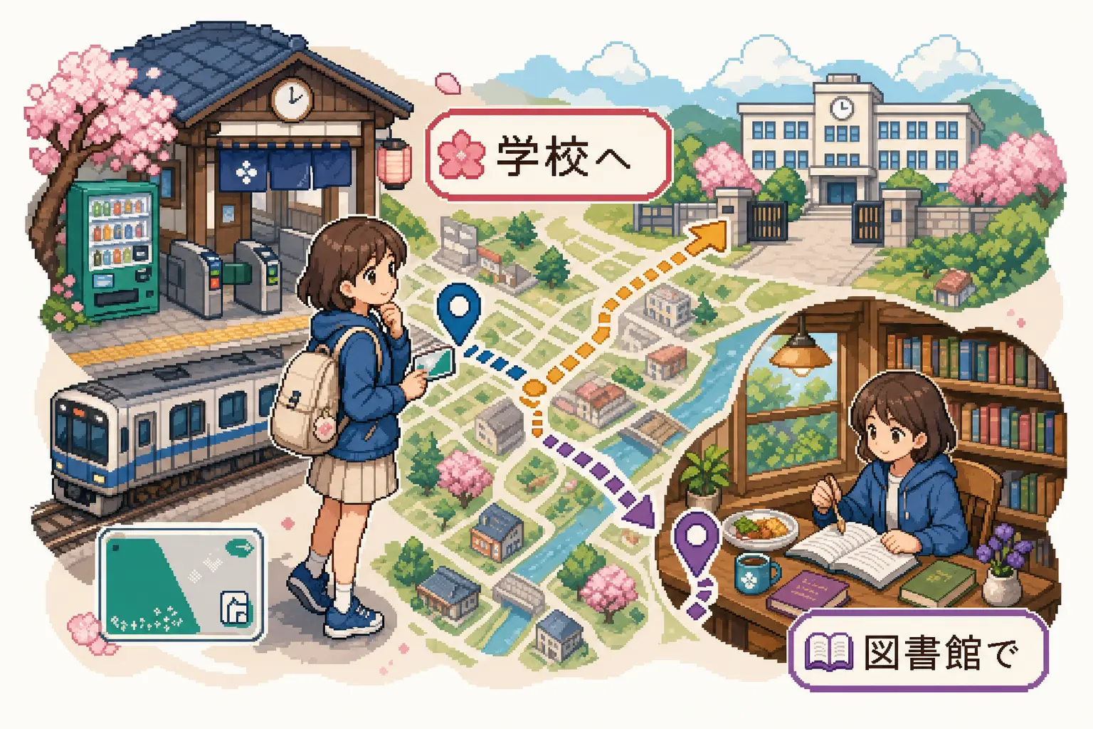 Pixel-art illustration of Japanese scenery representing travel and place structures