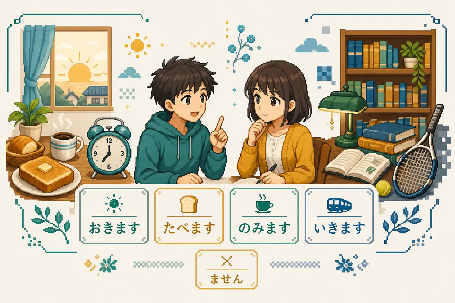 Anime pixel-art illustration of daily routine and weekend plan dialogue practice with polite ます and ません verb cards.