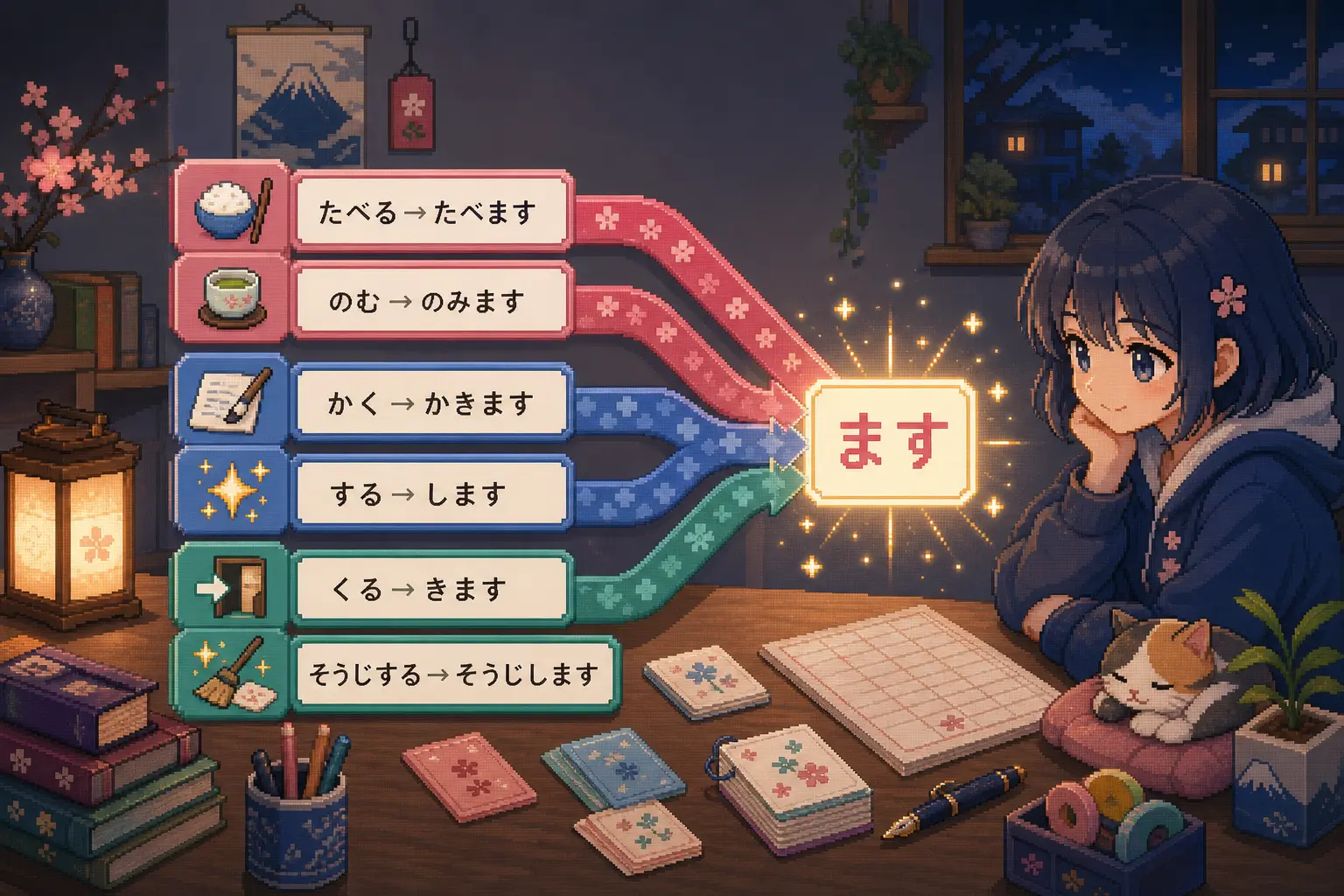 Anime pixel-art illustration of Japanese verb groups transforming dictionary-form verbs into polite ます-form cards.