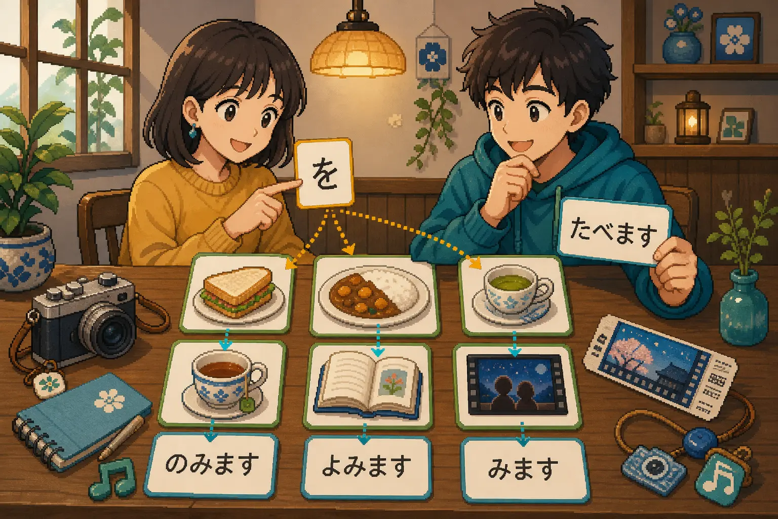 Anime pixel-art illustration of café and weekend activity dialogue practice with を, eating, drinking, reading, watching, and study cards.