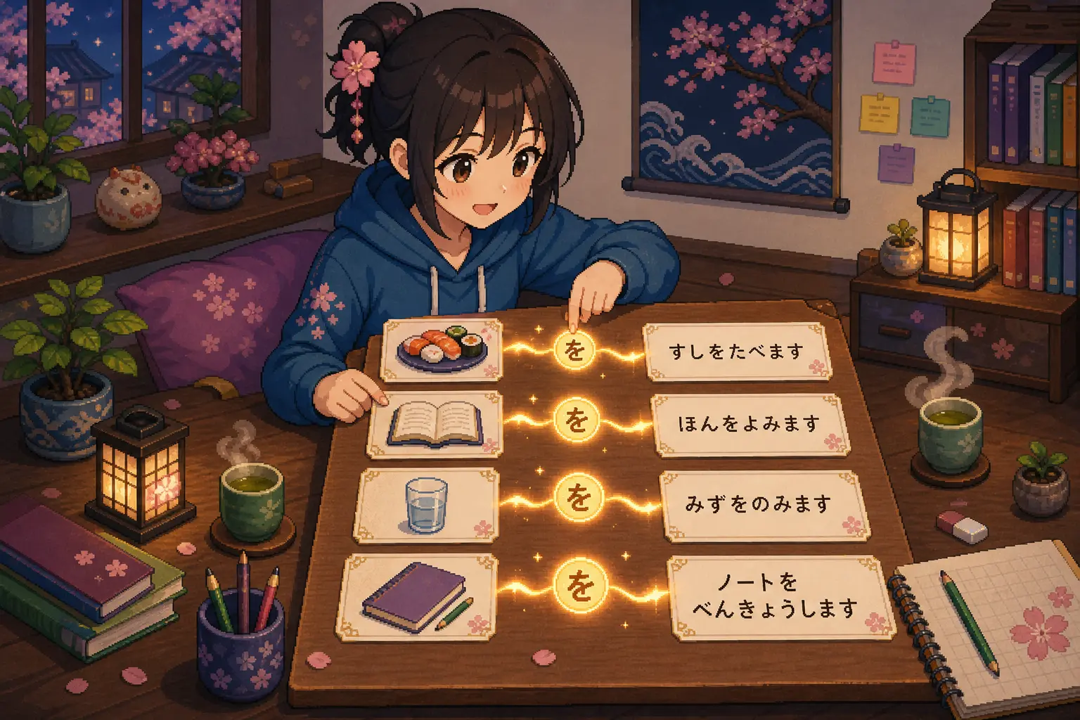 Anime pixel-art illustration of a learner linking objects to action verbs with the particle を.