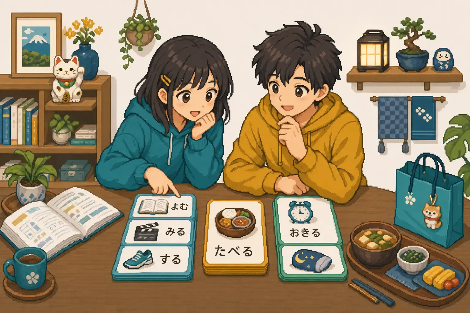 Anime pixel-art illustration of friends planning weekend activities with dictionary-form verb cards for よむ, みる, する, たべる, and おきる.