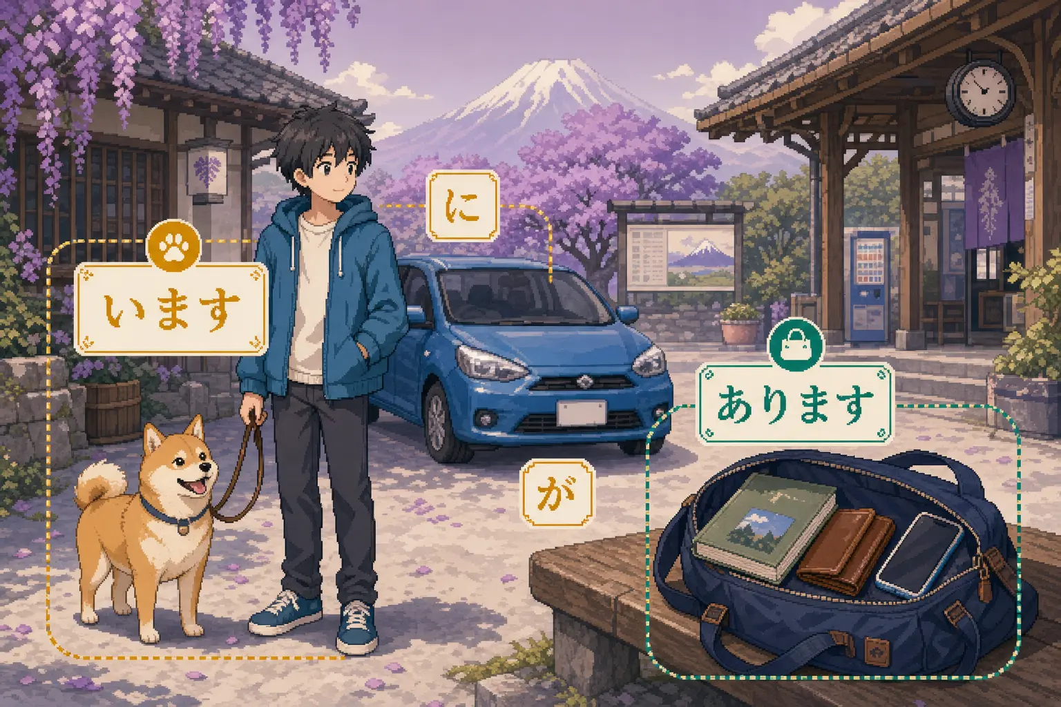 Anime pixel-art illustration of existence verb practice with a person, dog, car, bag objects, and います and あります cards.