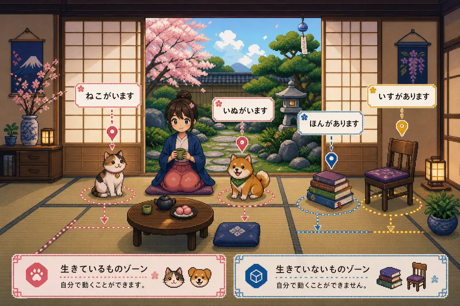 Anime pixel-art illustration of living things with います and objects with あります in a calm Japanese room.