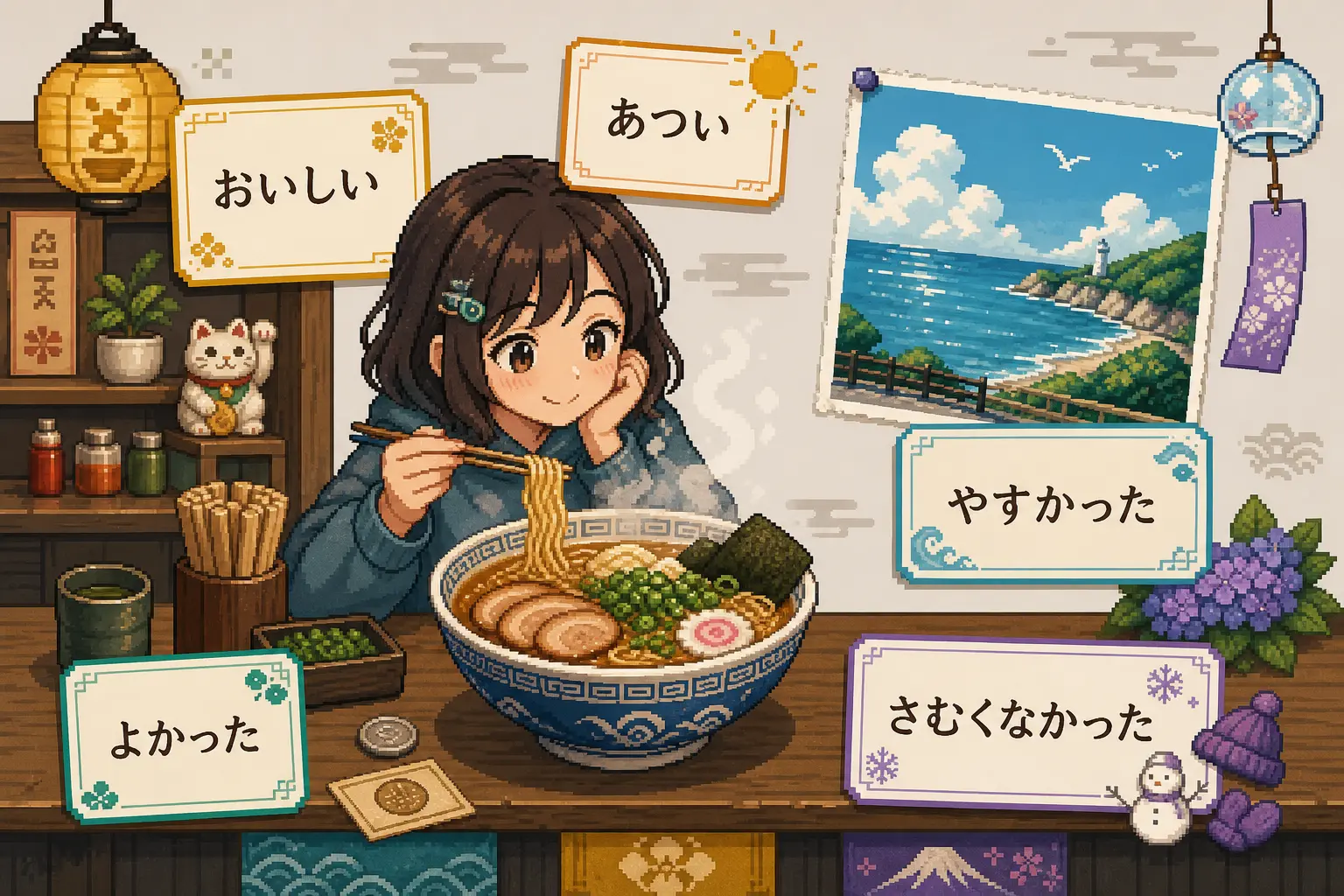 Anime pixel-art illustration of ramen and seaside trip dialogue practice with い-adjective cards like おいしい, あつい, よかった, and さむくなかった.