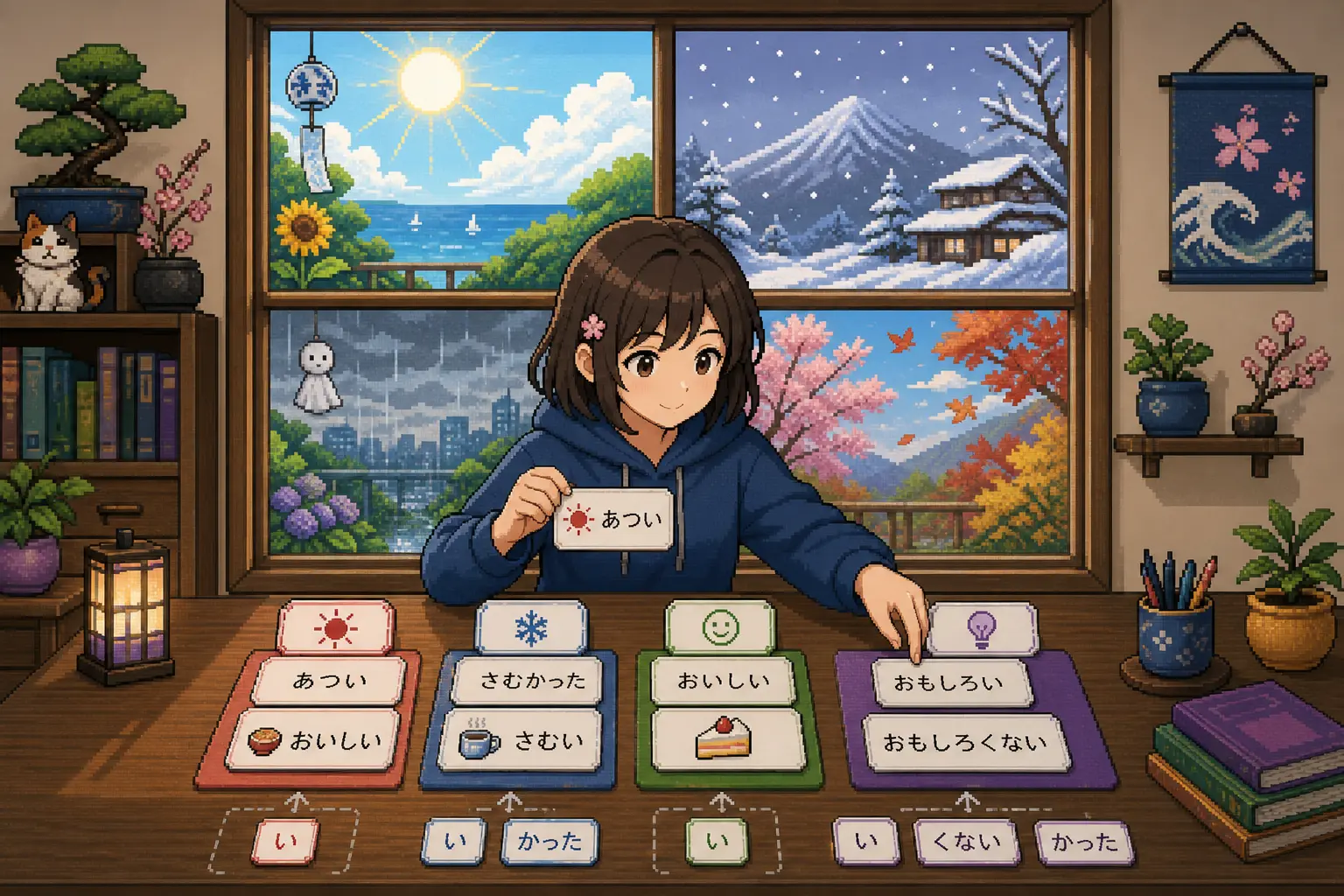 Anime pixel-art illustration of a learner sorting い-adjective cards across seasons and tense endings.