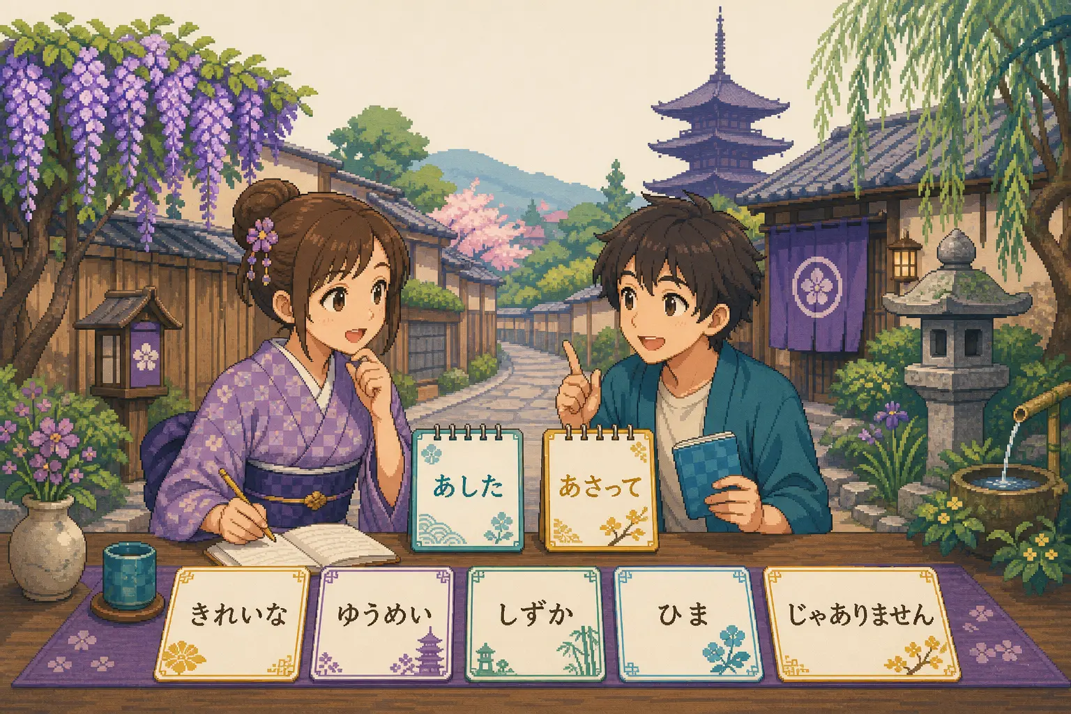 Anime pixel-art illustration of Kyoto and invitation dialogue practice with な-adjective cards for きれいな, ゆうめい, しずか, and ひま.