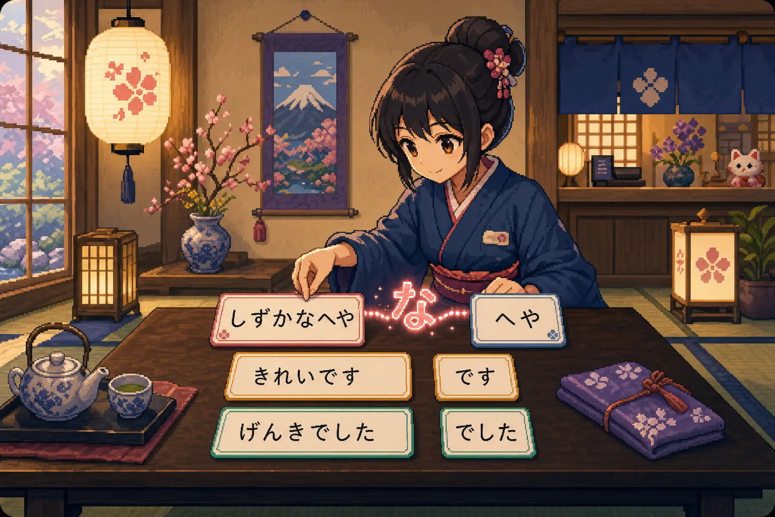 Anime pixel-art illustration of な-adjective cards linking to nouns with な and copula endings.