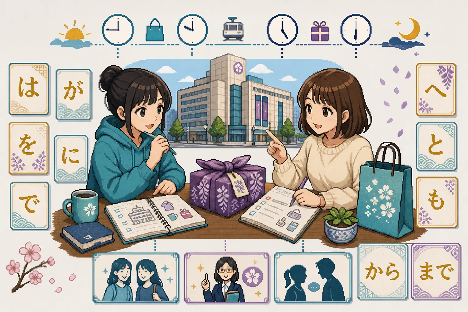 Anime pixel-art illustration of department store gift and office schedule dialogue practice with core particle cards from は to まで.