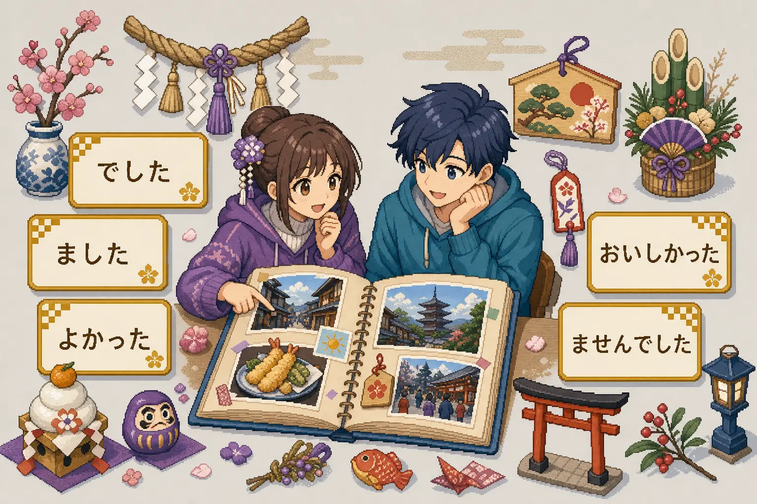 Anime pixel-art illustration of Kyoto travel memories and New Year reflections with past-tense cards でした, ました, and よかった.