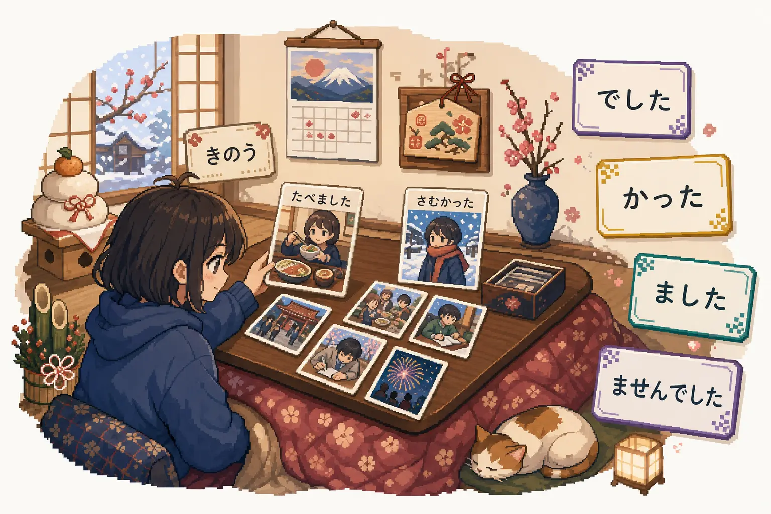 Anime pixel-art illustration of a learner looking back at memory cards for Japanese past tense endings.