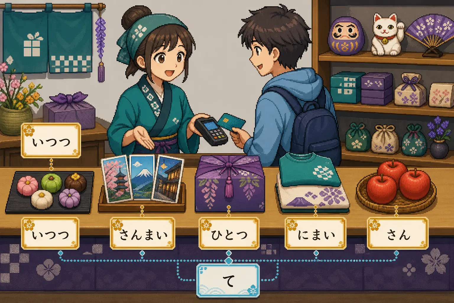 Anime pixel-art illustration of omiyage shopping dialogue practice with sweets, postcards, apples, counters, and て-form connector cards.