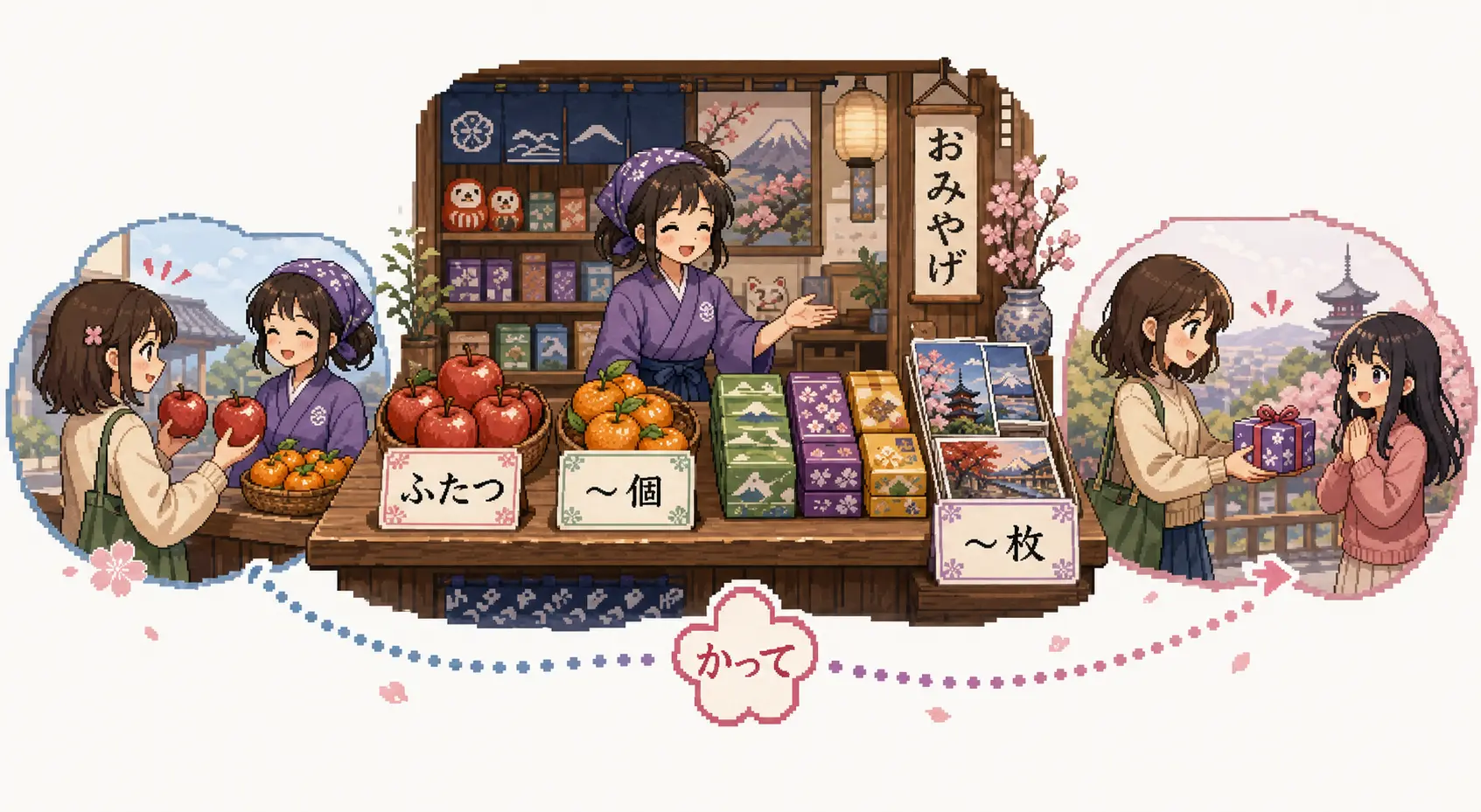 Anime pixel-art illustration of omiyage items counted with counters and linked by a て-form connector.