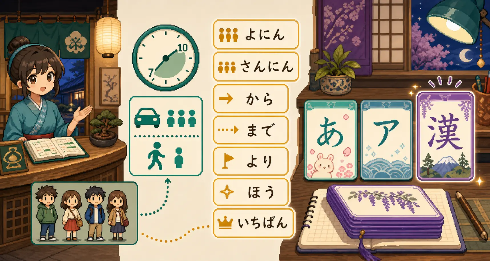 Anime pixel-art illustration of restaurant reservation and study comparison dialogue practice with people counters, time range, より, ほう, and いちばん cards.