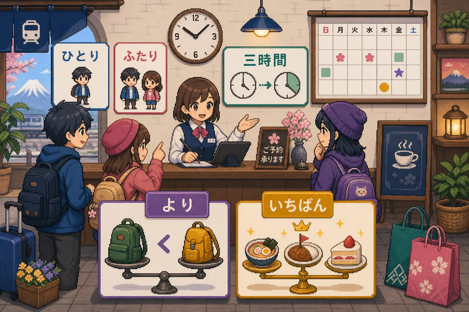 Anime pixel-art illustration of people and time counters with comparison cards for より and いちばん.