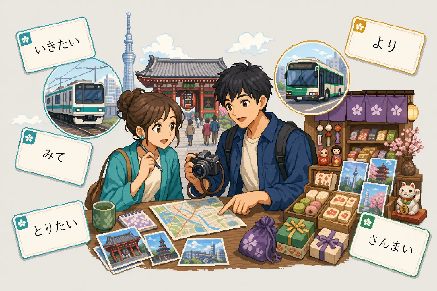 Anime pixel-art illustration of N5 capstone dialogue practice with Asakusa travel, train, temple, camera, omiyage, counters, and comparison cards.