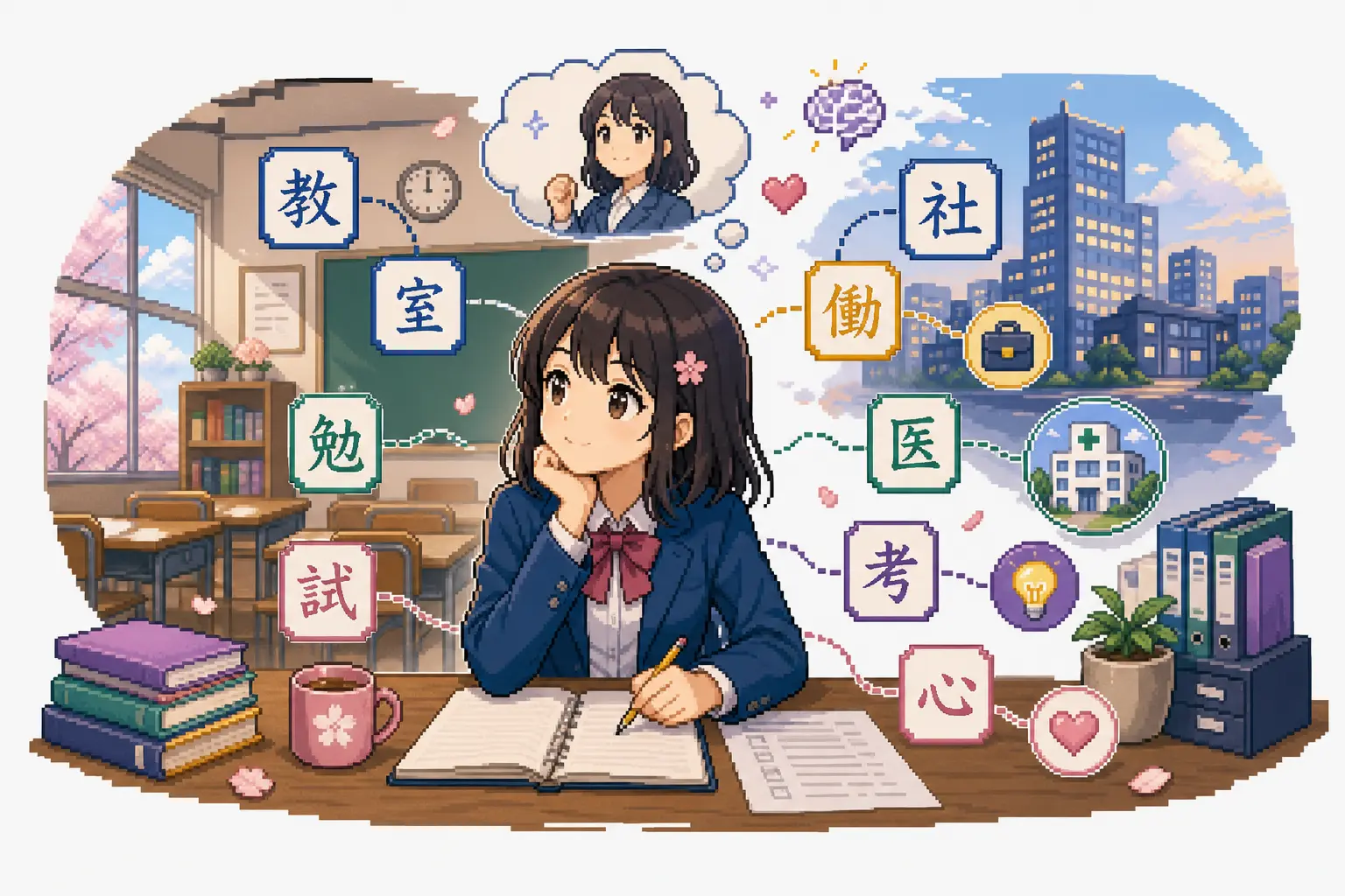 Anime pixel-art illustration of N4 kanji for school, office work, society, and thoughts arranged around a classroom-office desk.