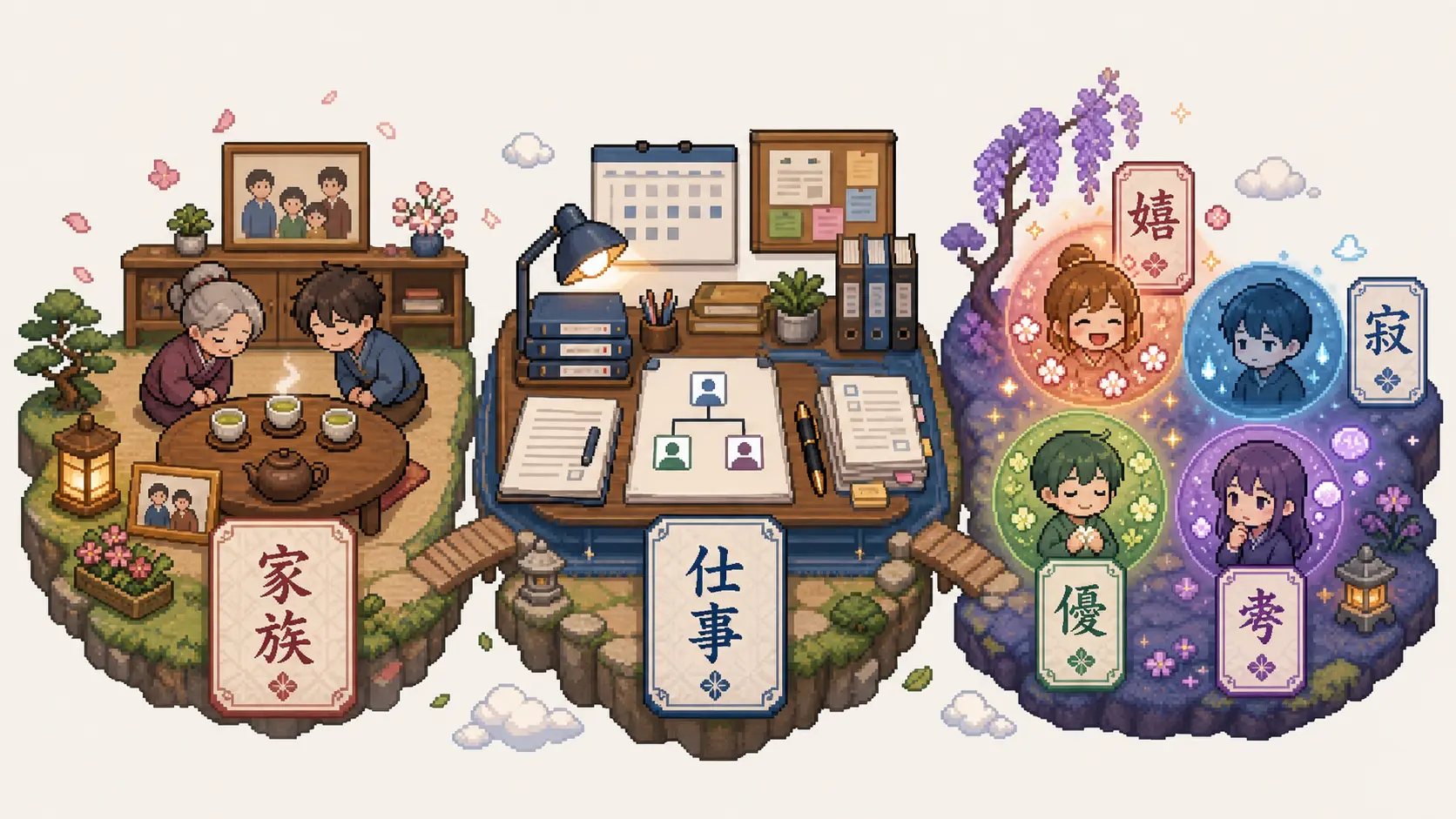 Pixel-art illustration of spaced-repetition memory cards