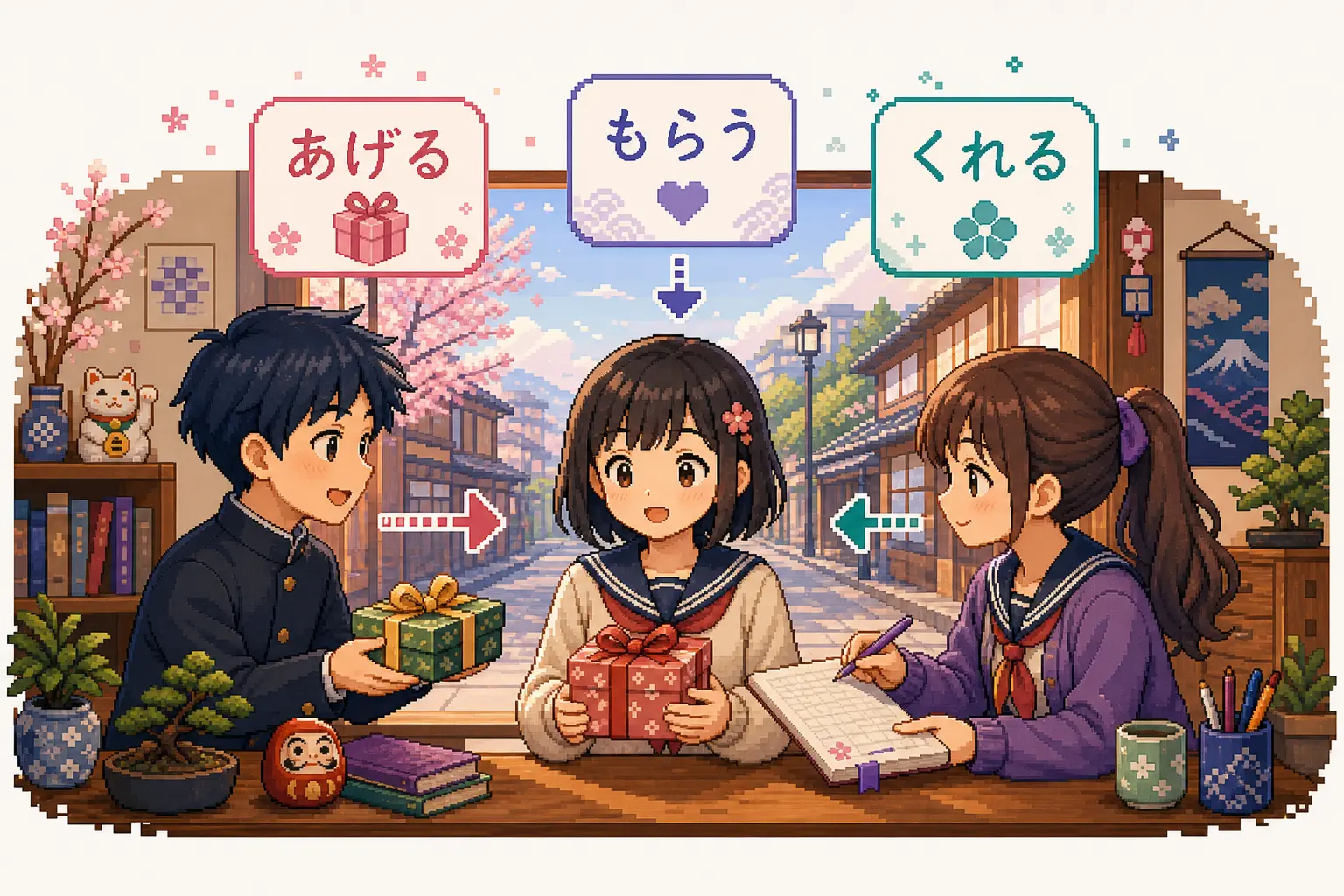 Anime pixel-art illustration of gift and favor exchanges with arrows showing giving outward, receiving, and giving inward.