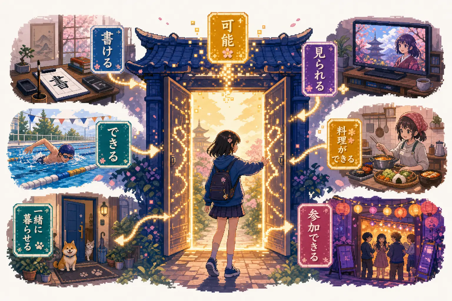 Pixel-art illustration of Gemini AI Japanese tutor