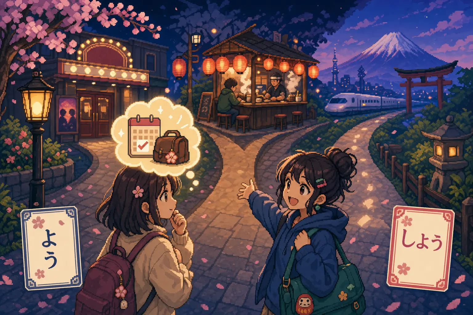 Anime pixel-art illustration of two friends deciding where to go on lantern-lit paths toward food stalls, a theater, a train, and Mount Fuji.