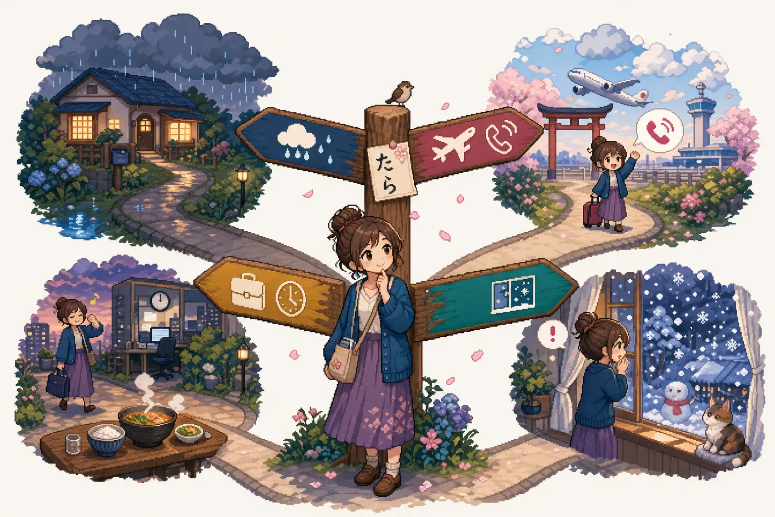 Anime pixel-art illustration of a learner at a signpost where possible paths branch toward rain, travel, work, meals, and snowy discoveries.
