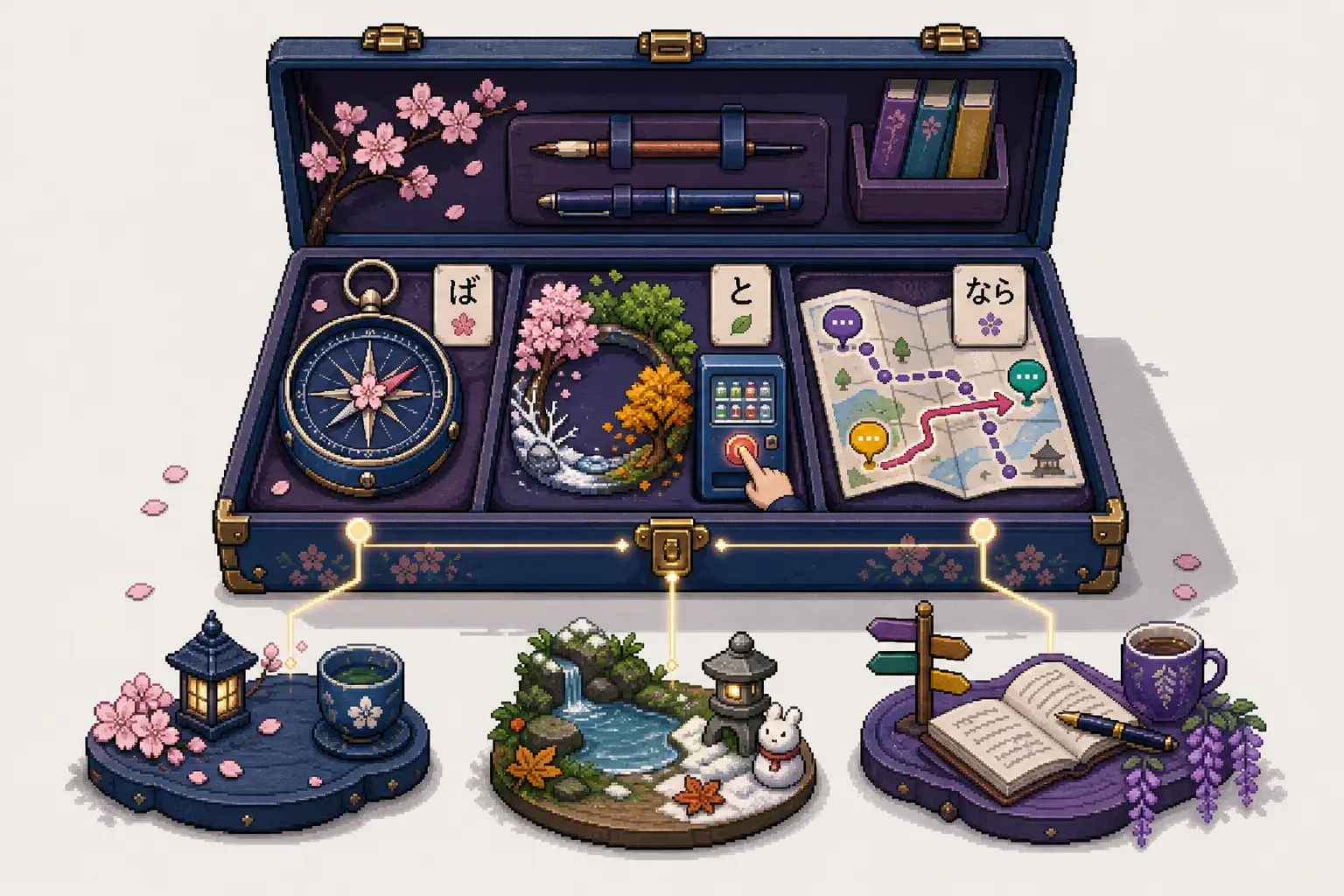 Anime pixel-art illustration of an open study toolkit with conditional cards, a compass, seasonal cycle, route map, notebook, and miniature landscapes.