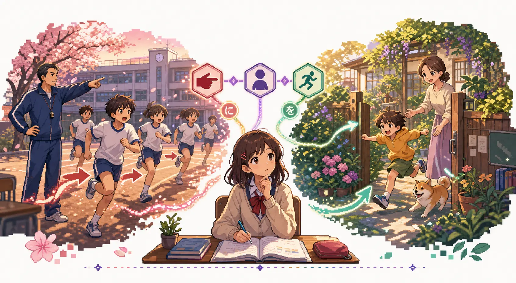 Anime pixel-art illustration of a learner comparing a coach making students run with a parent letting a child play in a garden.