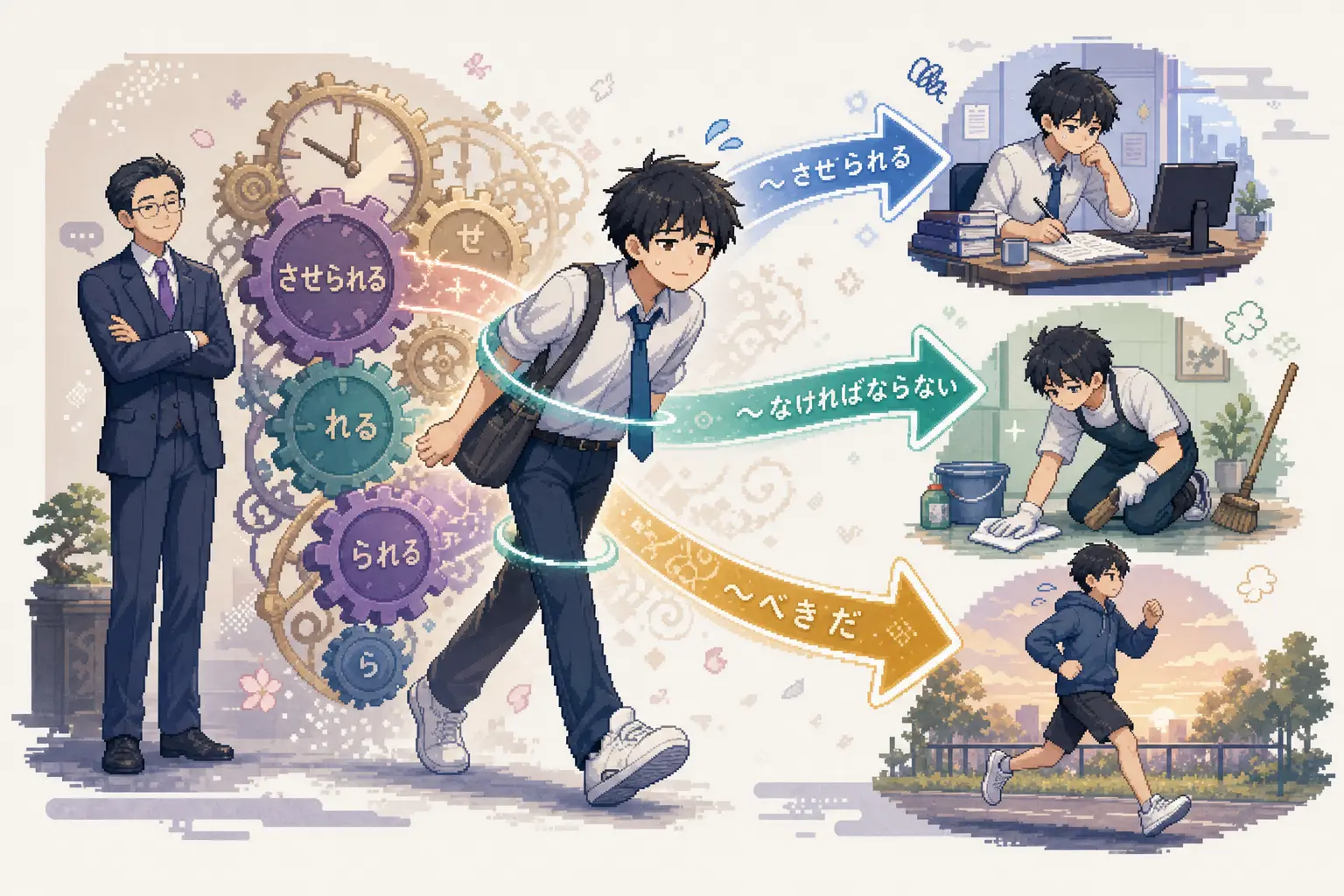 Anime pixel-art illustration of a reluctant student guided by glowing causative-passive arrows and gears toward writing, cleaning, and running tasks.