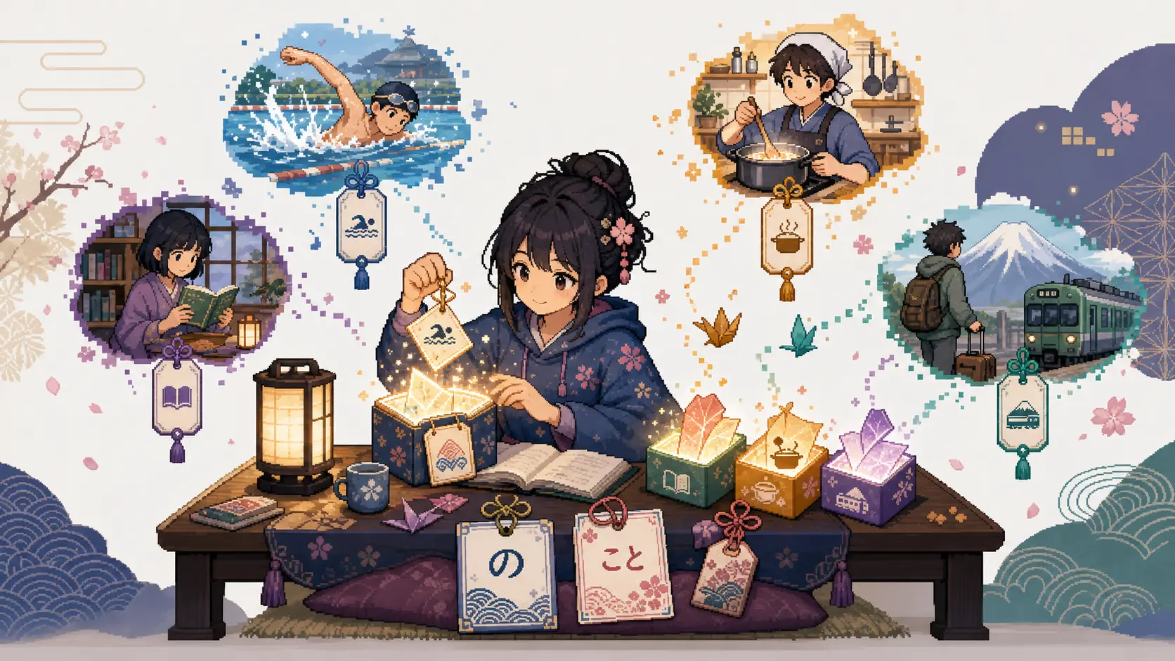 Anime pixel-art illustration of a learner placing action vignettes like swimming, reading, cooking, and travel into glowing concept boxes.