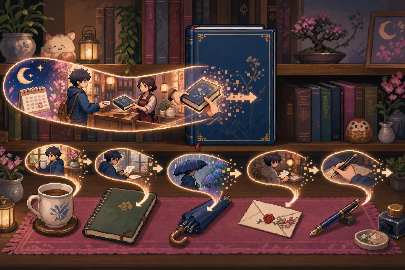 Anime pixel-art illustration of glowing action scenes flowing into a large book on a bookshelf, showing descriptions wrapping around nouns.