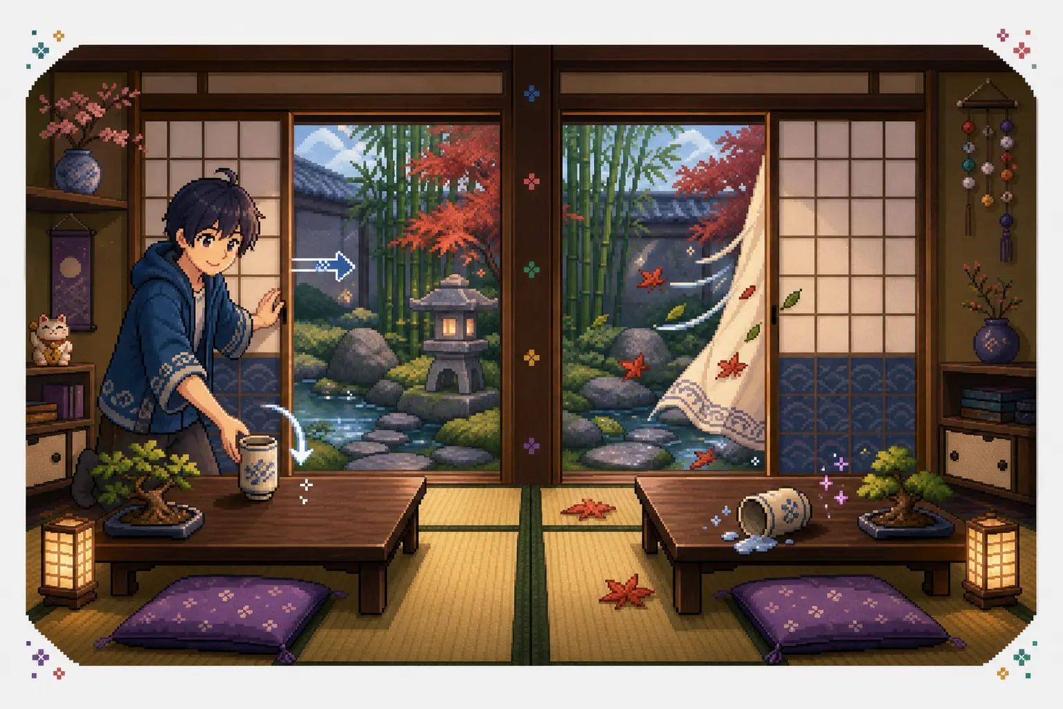 Anime pixel-art illustration of a learner opening a sliding door and placing a cup while wind opens a curtain and a cup lies spilled nearby.