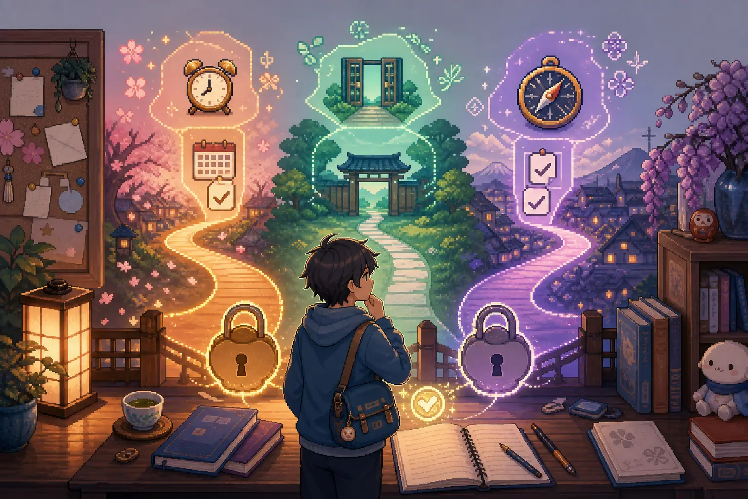 Anime pixel-art illustration of a learner choosing between glowing task paths with calendars, locks, a gateway, and compass symbols over a study desk.