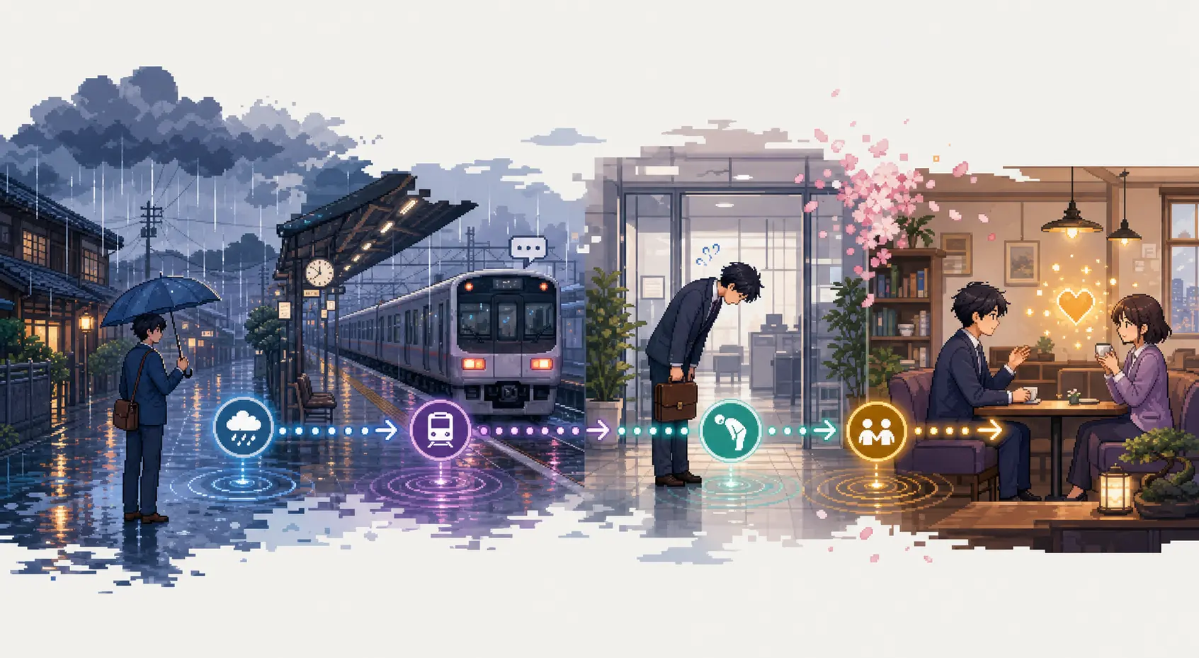 Anime pixel-art illustration of a rainy train delay leading through glowing cause-and-effect icons to a polite bow and warm cafe conversation.